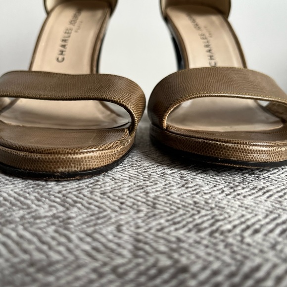 SEXY Vintage CHARLES JOURDAN of Paris Tan Lizard Print Open Toe Heels US Size 7 - Picture 5 of 11